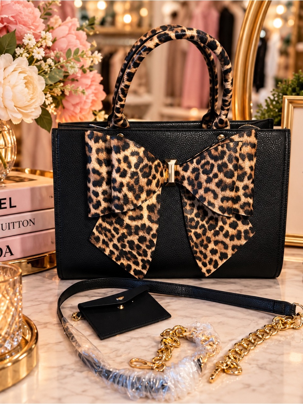 Like Dreams Leopard Bow Top Handle Satchel Black Vegan Leather Purse